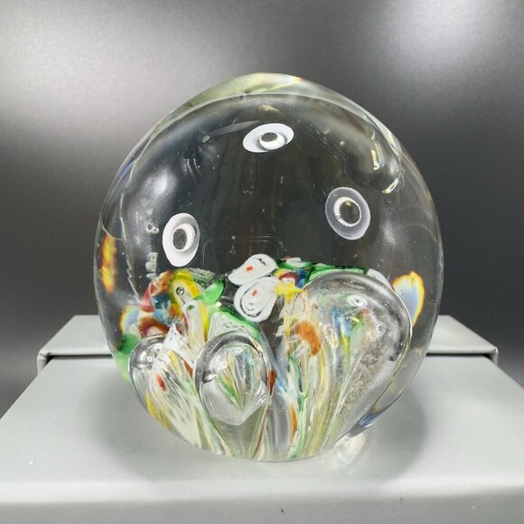 Hand Blown Art Glass Paperweight With Large Bubbles Multicolored Millefiori VTG - Picture 10 of 12
